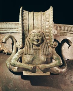 Krater, detalhe da alça, da Necrópole Trebeniste, Lago Ohrid, detalhe de bronze da Macedónia de 243734